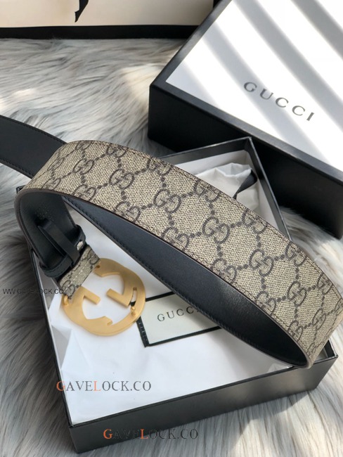 Gucci Black Leather Belt PVC Brown Monogram Brass Buckle